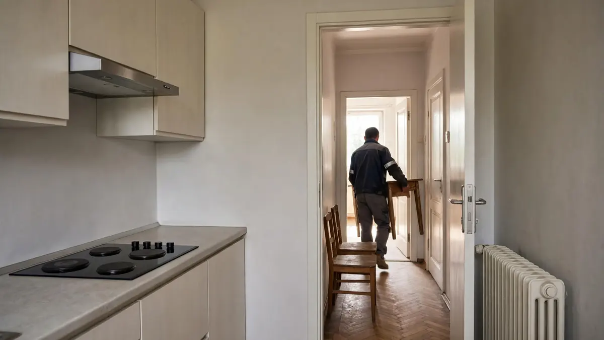 Pracownik wynosi stół z kuchni, zabudowa kuchenna zostaje dla kupującego