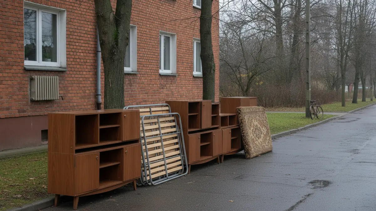 Rozkręcona meblościanka, stelaż łóżka i zwinięty chodnik przy krawężniku przed blokiem