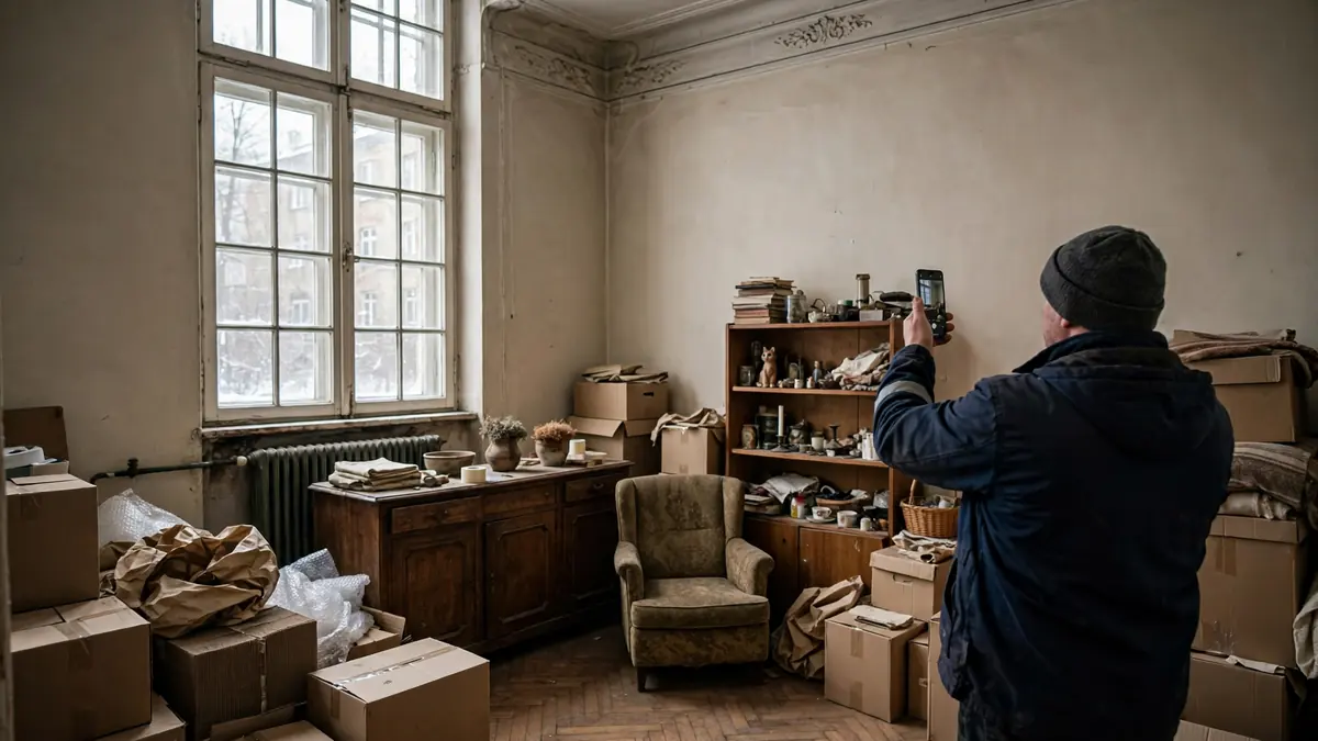 Pracownik fotografuje zastawiony pokój w kamienicy dla właściciela