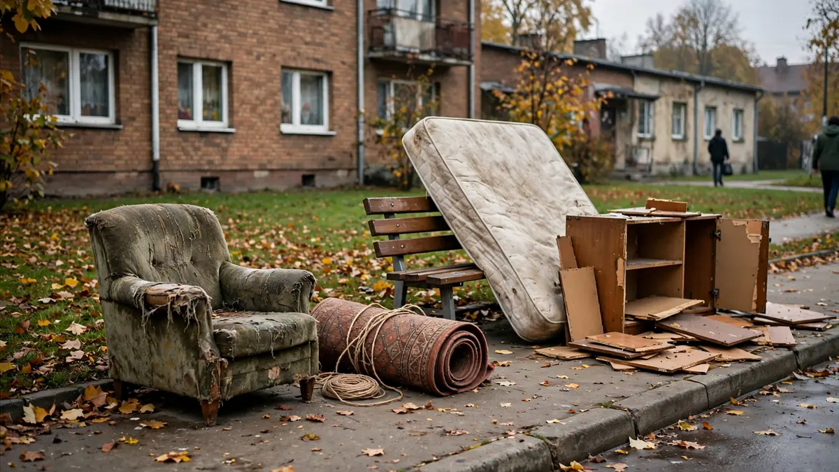 Meble i dywan wystawione przed blokiem na gminną zbiórkę odpadów wielkogabarytowych
