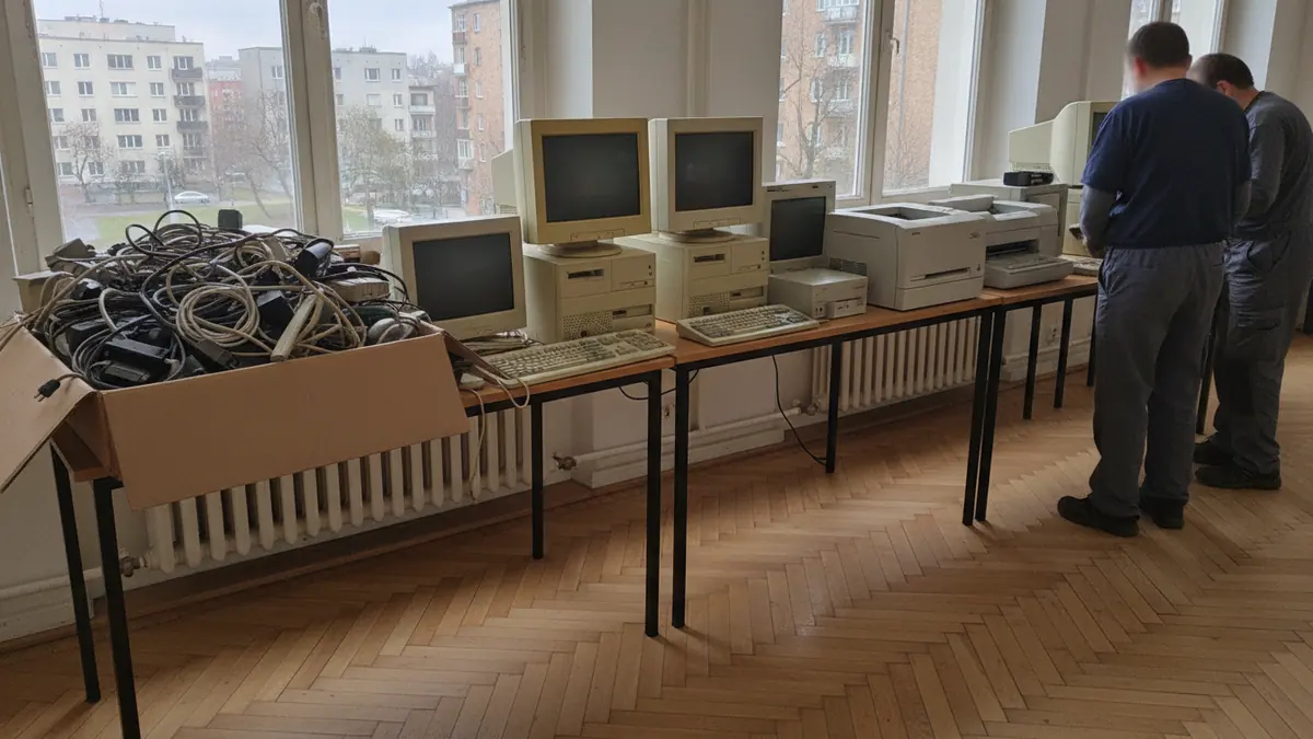 Stare monitory, drukarka i kable przygotowane do oddania jako elektroodpad