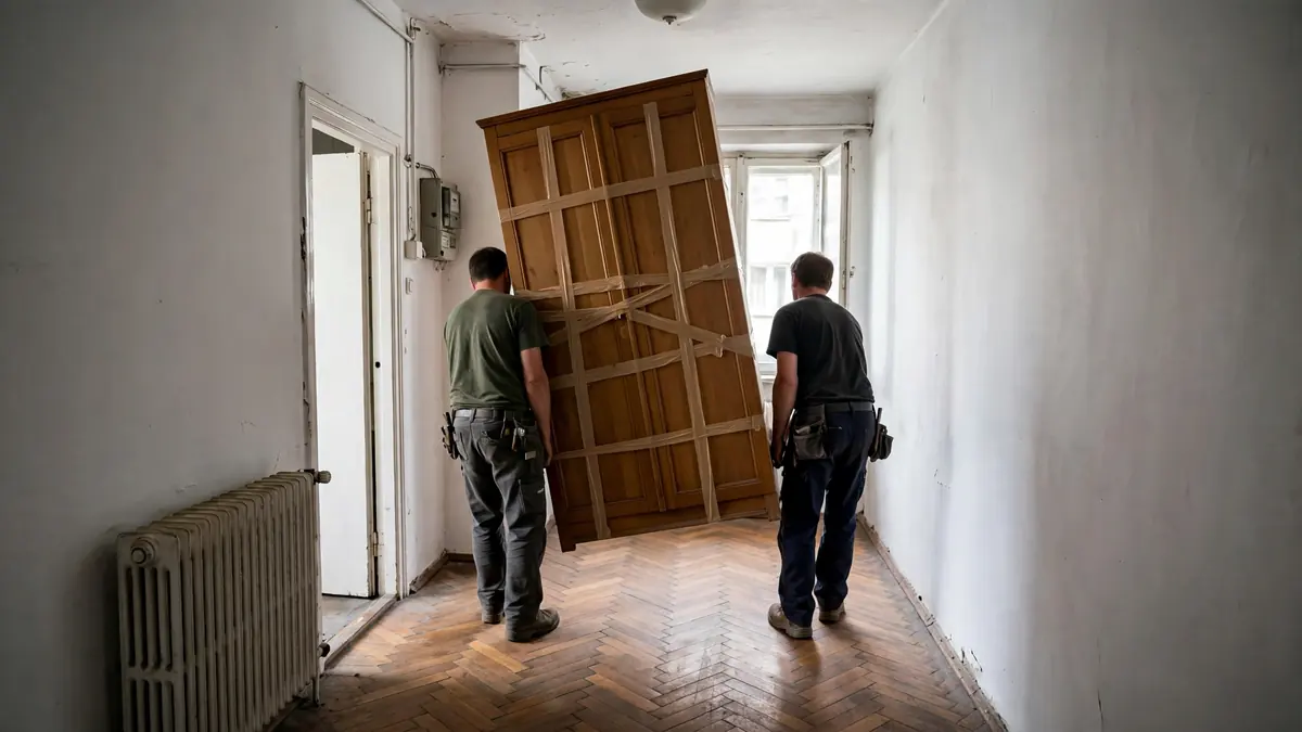 Dwóch pracowników wynosi drewnianą szafę z pokoju w bloku
