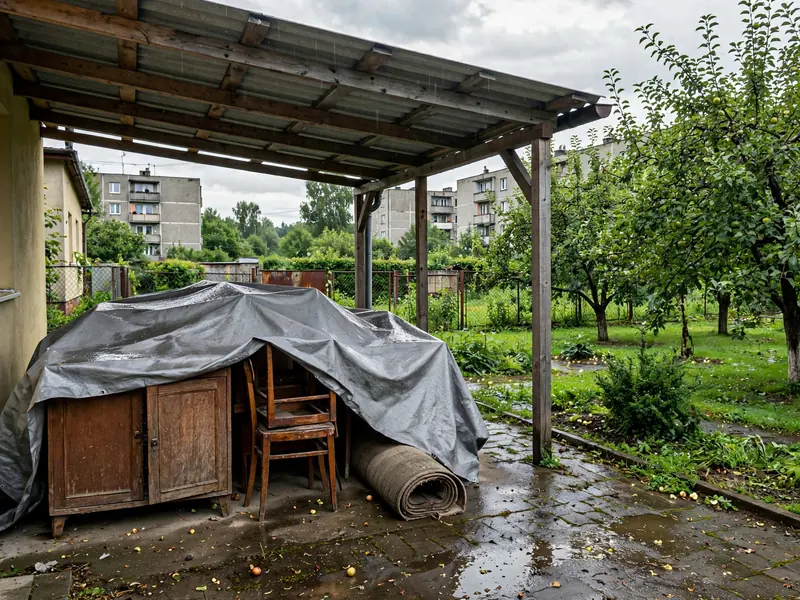 Stare meble częściowo przykryte plandeką pod wiatą przy domu
