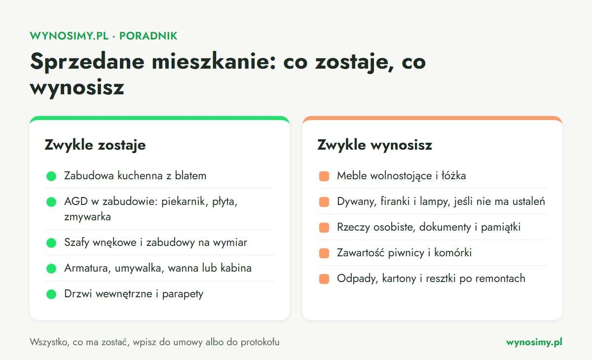 Infografika porównawcza w dwóch kolumnach. Zwykle zostaje: zabudowa kuchenna z blatem, AGD w zabudowie, szafy wnękowe, armatura i sanitariaty, drzwi wewnętrzne i parapety. Zwykle wynosisz: meble wolnostojące i łóżka, dywany, firanki i lampy bez ustaleń, rzeczy osobiste i dokumenty, zawartość piwnicy i komórki, odpady i kartony.