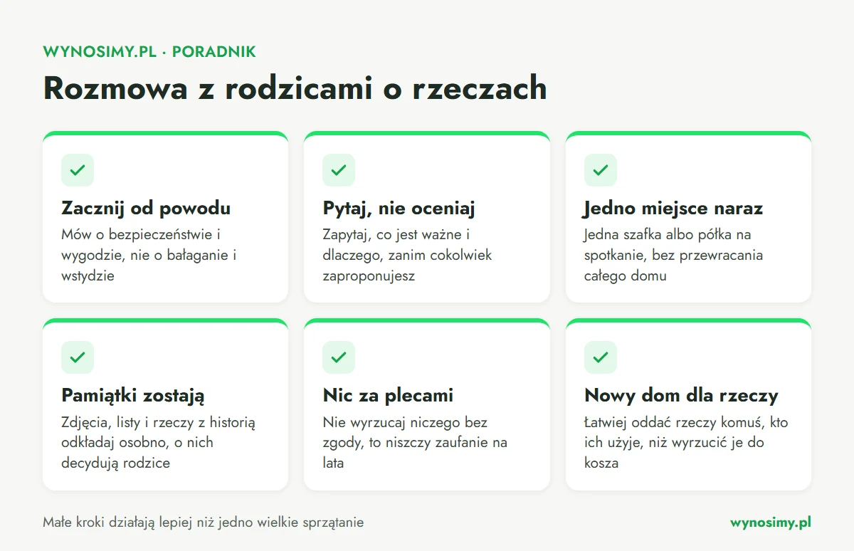Infografika: sześć wskazówek do rozmowy z rodzicami o nadmiarze rzeczy. Zacznij od powodu, pytaj zamiast oceniać, jedno miejsce naraz, pamiątki zostają, nic za plecami, nowy dom dla rzeczy.