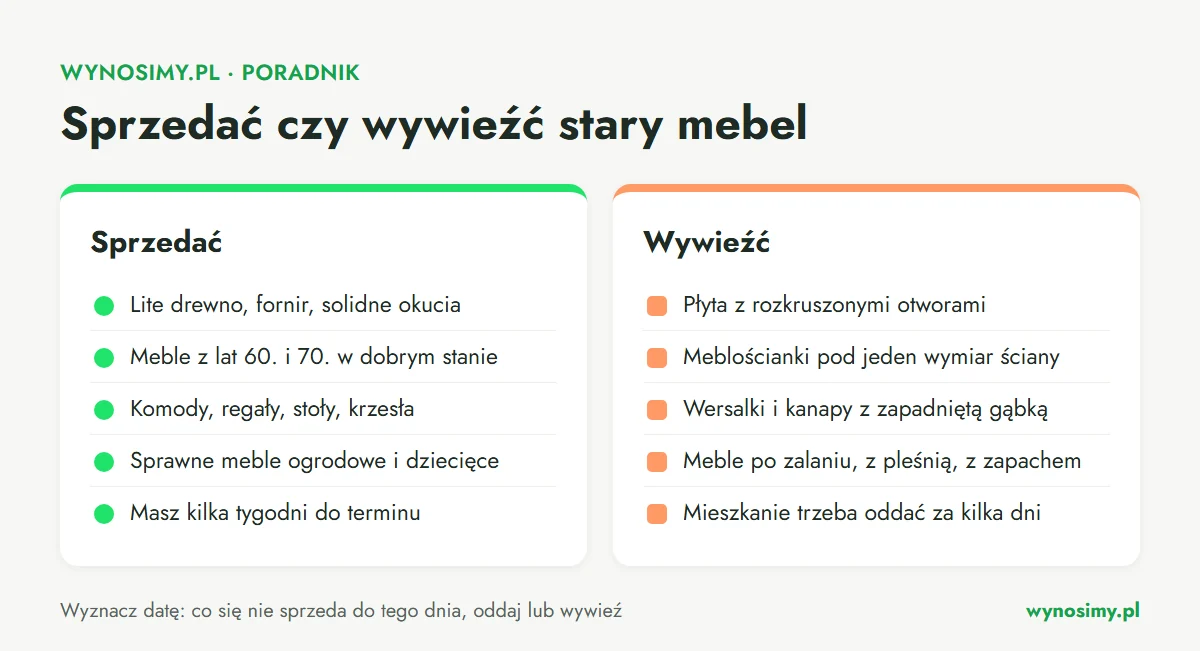 Infografika porównująca dwie kolumny. Sprzedać: meble z litego drewna i forniru, meble z lat 60. i 70. w dobrym stanie, komody, regały, stoły i krzesła, sprawne meble ogrodowe i dziecięce, gdy masz kilka tygodni. Wywieźć: płyta z rozkruszonymi otworami, meblościanki, wersalki z zapadniętą gąbką, meble po zalaniu, gdy mieszkanie trzeba oddać za kilka dni.