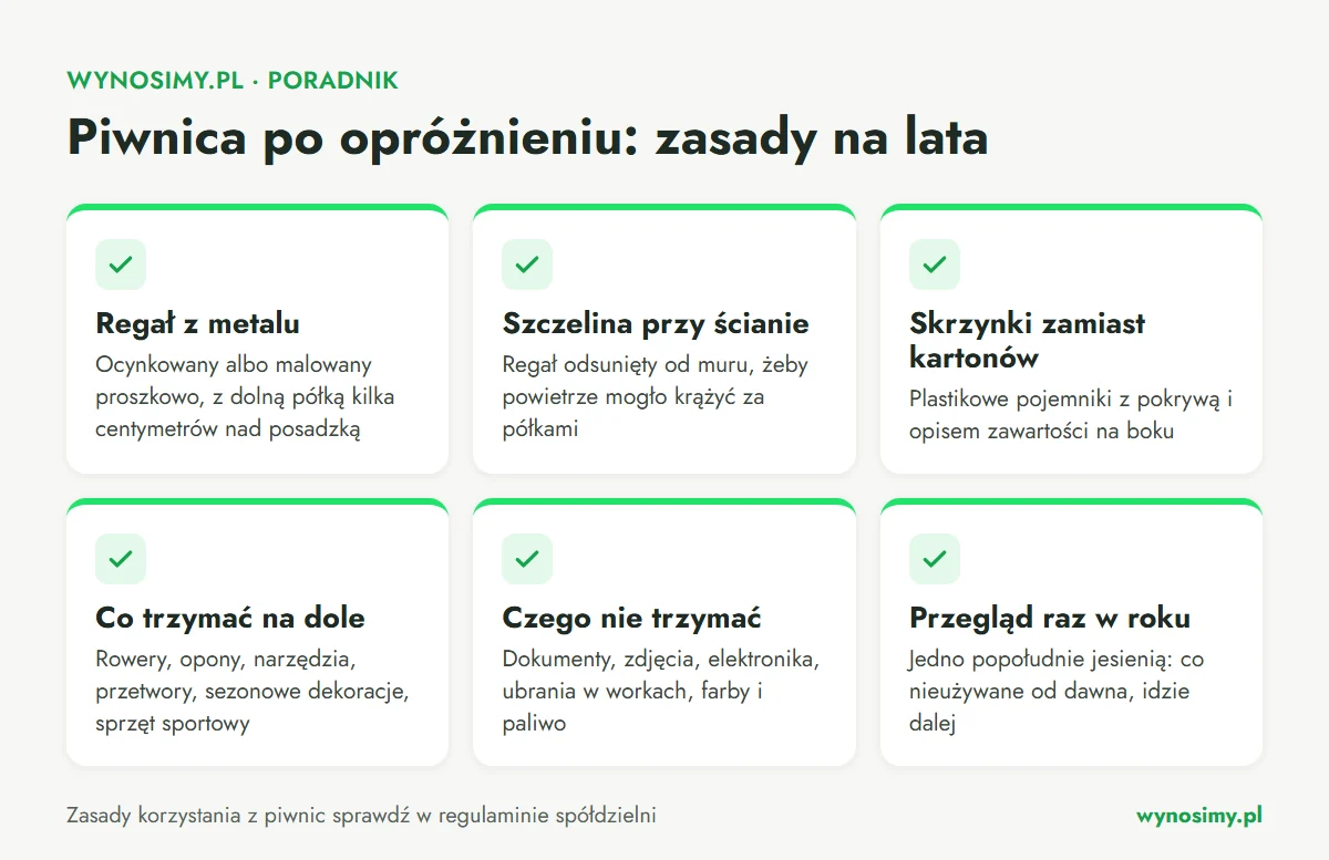 Infografika z sześcioma zasadami urządzania piwnicy: metalowy regał z dolną półką nad posadzką, odstęp regału od ściany, plastikowe skrzynki z opisem zamiast kartonów, rzeczy, które można trzymać na dole, rzeczy, których nie trzymać w piwnicy, oraz coroczny przegląd zawartości.