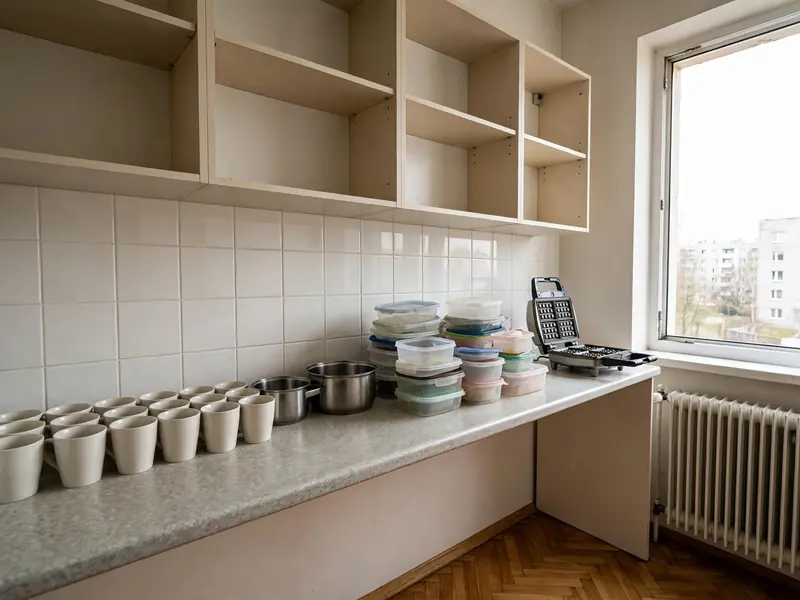 Kuchenny blat z nadmiarem kubków, garnków i plastikowych pojemników do przejrzenia