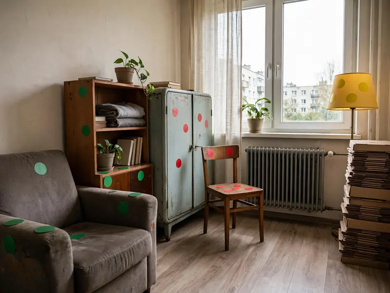 Meble oznaczone kolorowymi naklejkami przed pakowaniem do przeprowadzki