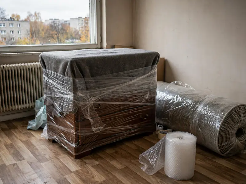 Komoda owinięta kocem i folią stretch obok zwiniętego dywanu w folii