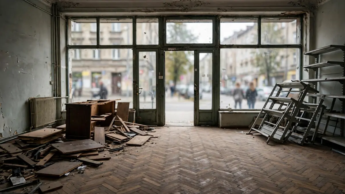 Lokal po sklepie z rozkręconymi regałami i ladą