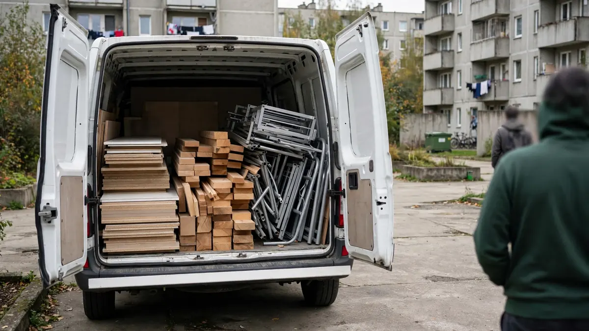 Posegregowane elementy mebli na pace auta dostawczego