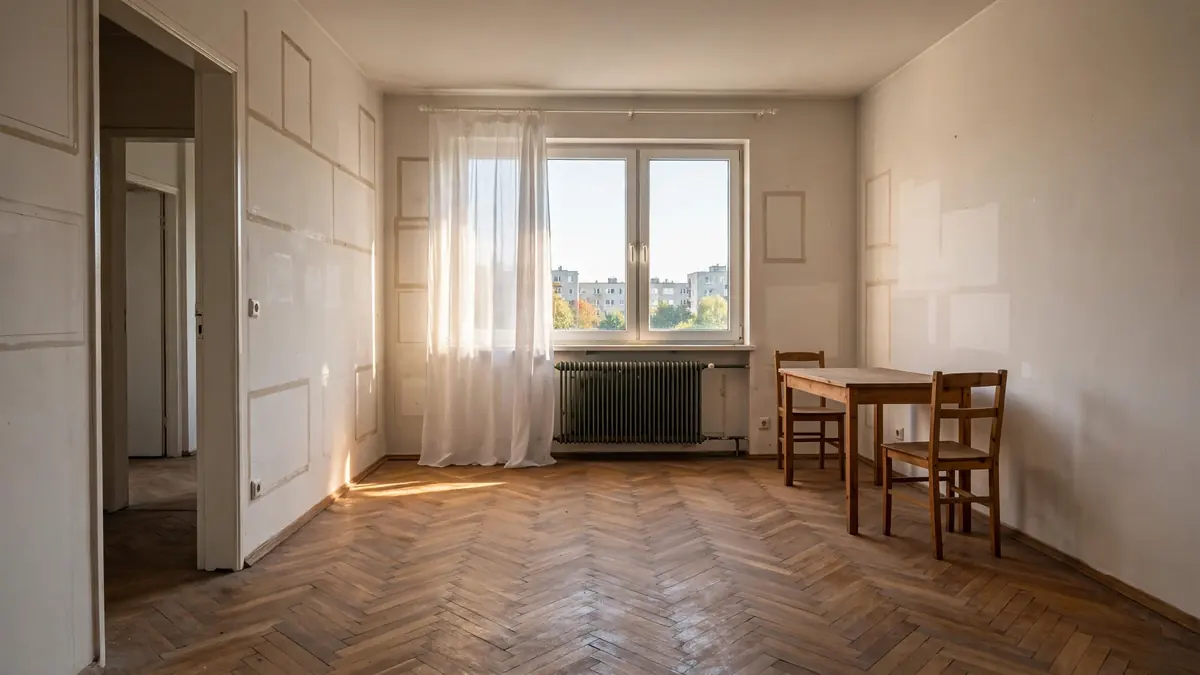 Jasny, prawie pusty salon przygotowany do pokazania kupującym