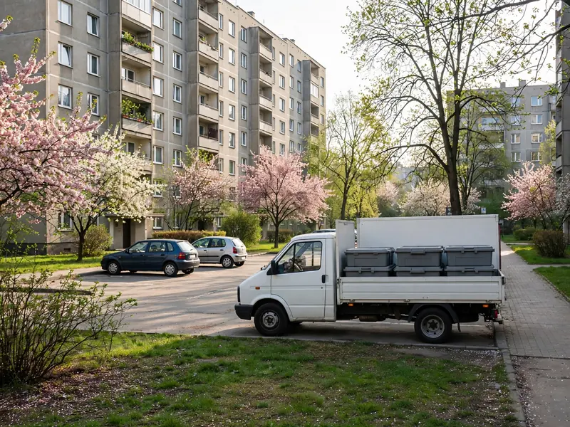 Samochód skrzyniowy z pojemnikami na parkingu między blokami w sobotni poranek