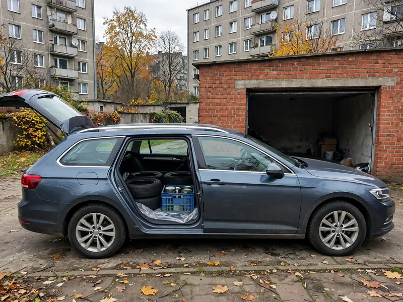 Bagażnik kombi z oponami i skrzynką puszek farby przed wyjazdem do punktu zbiórki