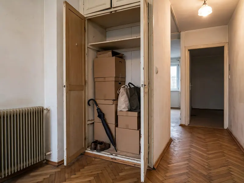 Szafa wnękowa z kartonami i torbami zostawionymi przez poprzedniego najemcę