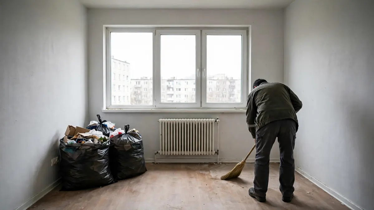 Pracownik zamiata pusty pokój po wyniesieniu rzeczy