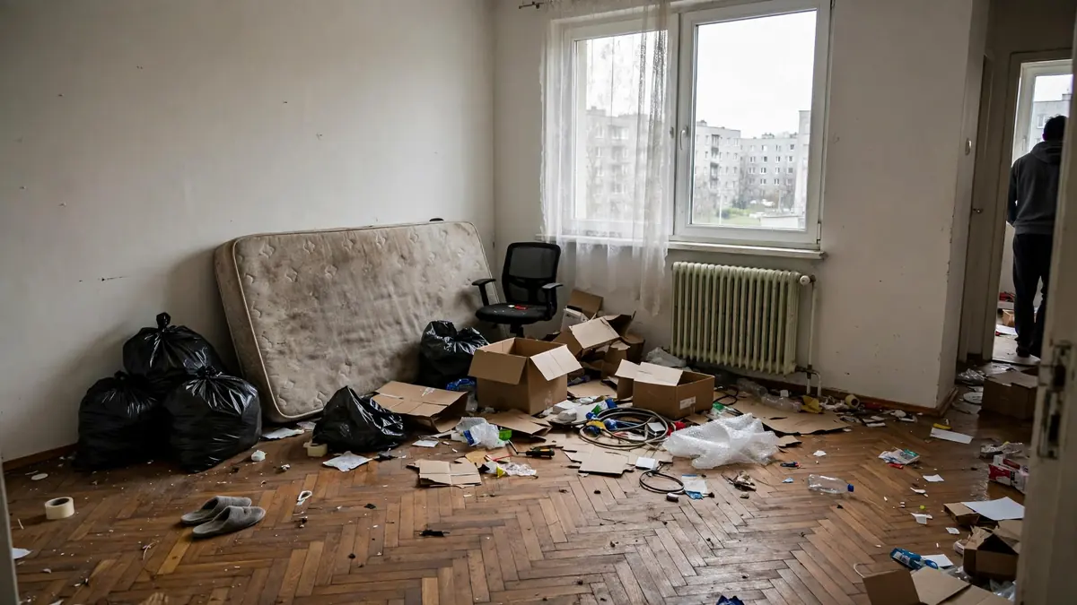 Rzeczy zostawione przez najemcę: materac, worki i kartony w pokoju