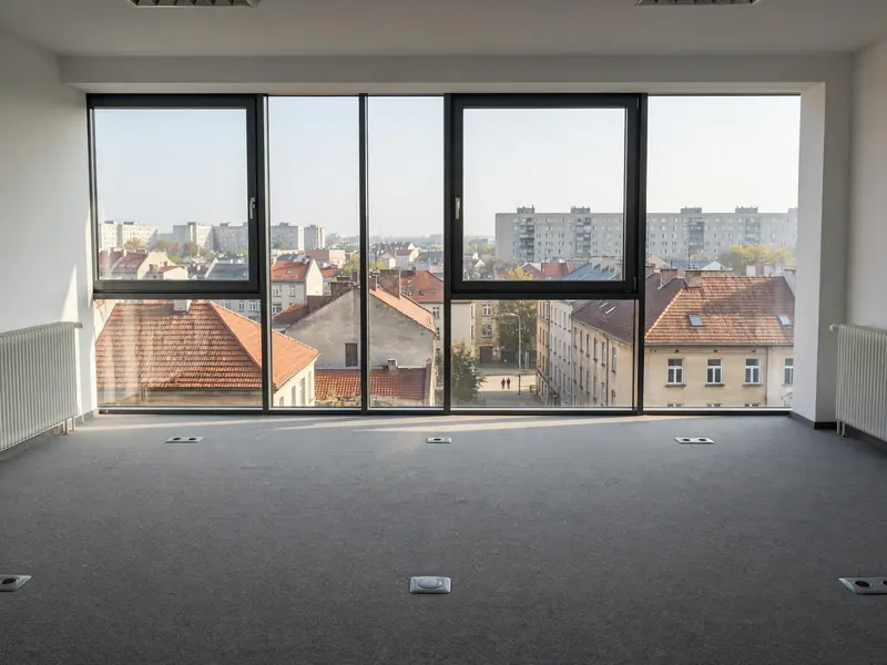 Puste nowe biuro z wykładziną i dużymi oknami przed przeprowadzką firmy