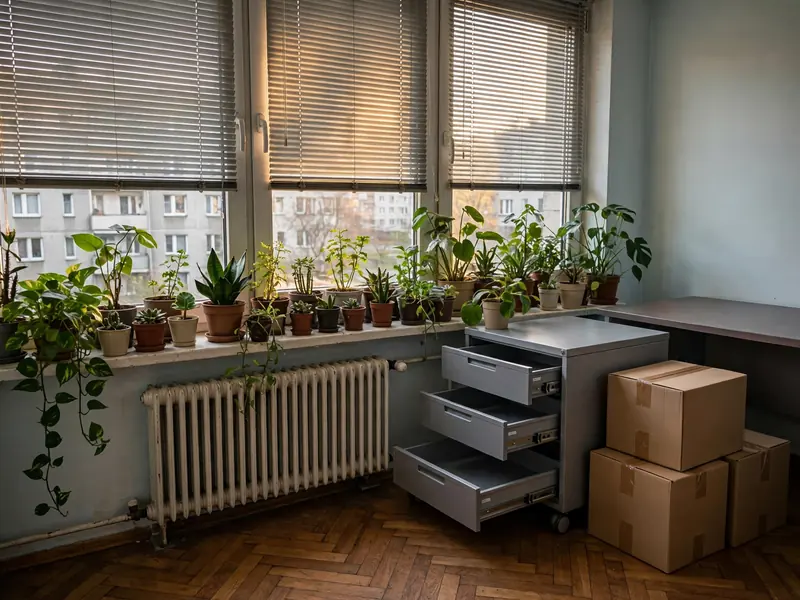 Rośliny z biurek zebrane na parapecie obok pustego kontenera i kartonów