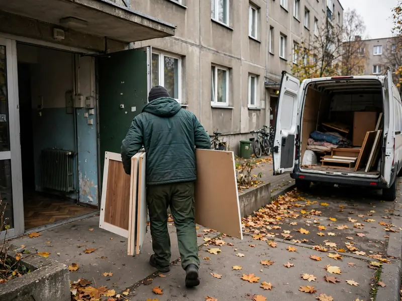 Pracownik wynosi elementy rozkręconej szafy do auta