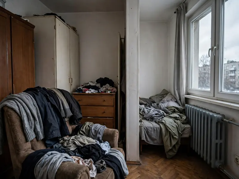 Zatłoczona sypialnia z dwiema szafami i komodą przed porządkami