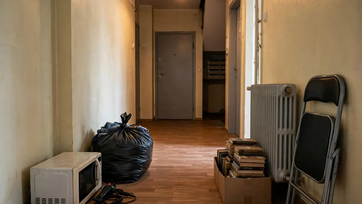 Niepotrzebne rzeczy rozdzielone na grupy w przedpokoju