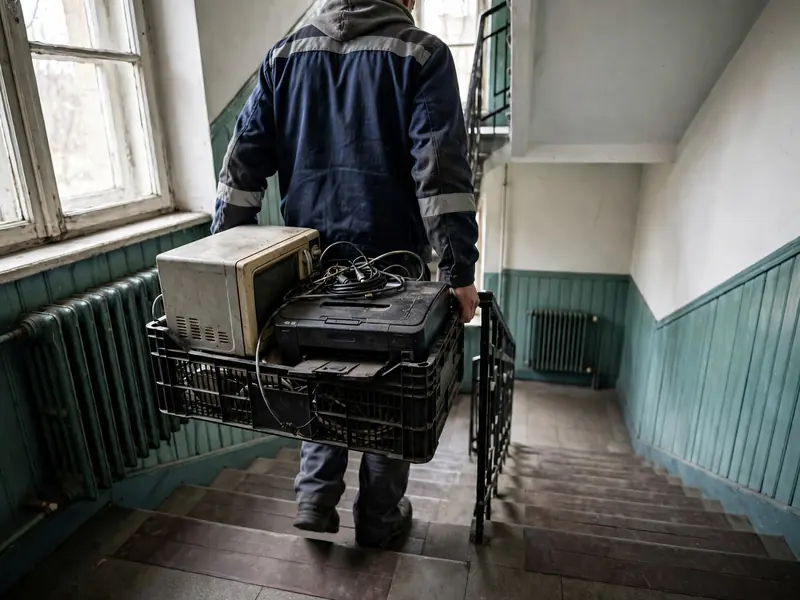 Pracownik znosi skrzynkę ze starą elektroniką po klatce bloku