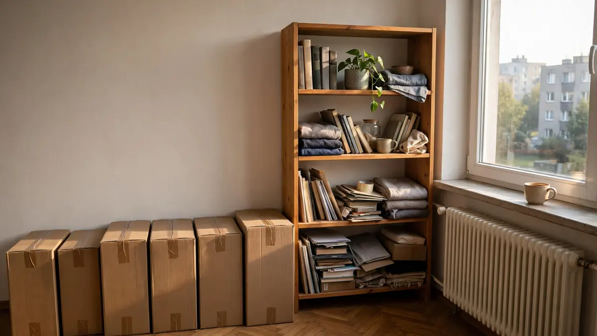 Uporządkowane pakowanie: kartony pod ścianą i regał w połowie pusty
