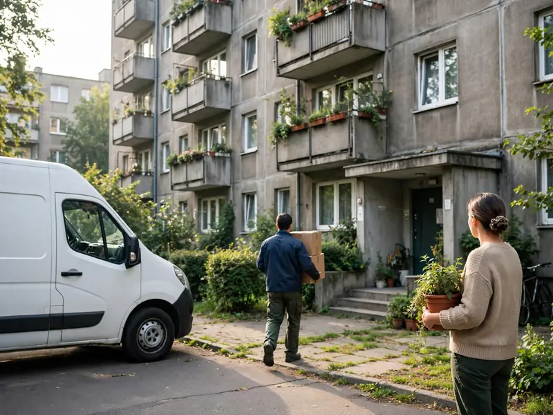 Załadunek kartonów do auta, mieszkanka trzyma doniczkę