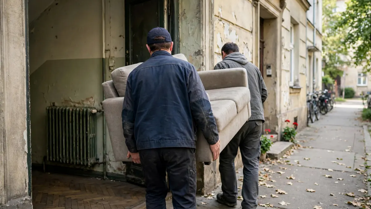 Pracownicy wynoszą sofę bokiem przez drzwi kamienicy
