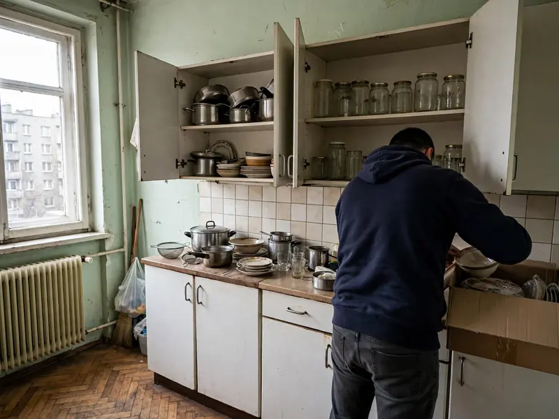Pracownik pakuje naczynia zostawione przez lokatora w kuchni