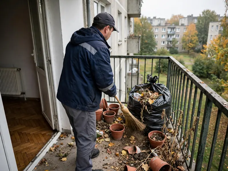 Pracownik zamiata balkon po lokatorach