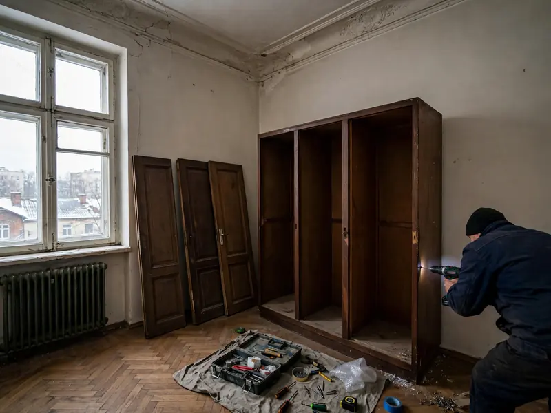 Demontaż starej szafy w sypialni kamienicy