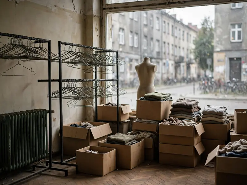 Lokal po zamkniętym sklepie z wieszakami i towarem