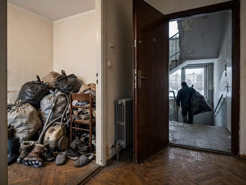 Rzeczy po lokatorach w przedpokoju mieszkania w bloku