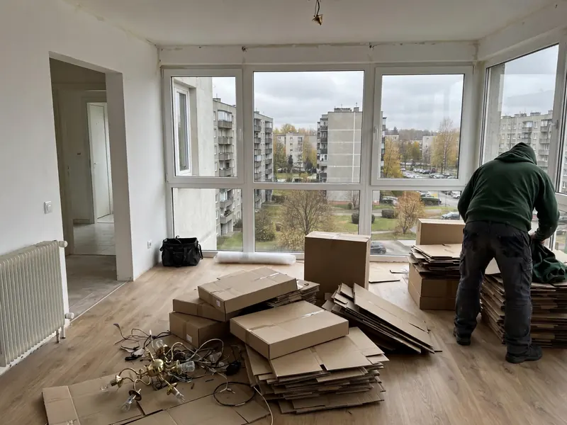 Zbieranie kartonów w salonie po remoncie