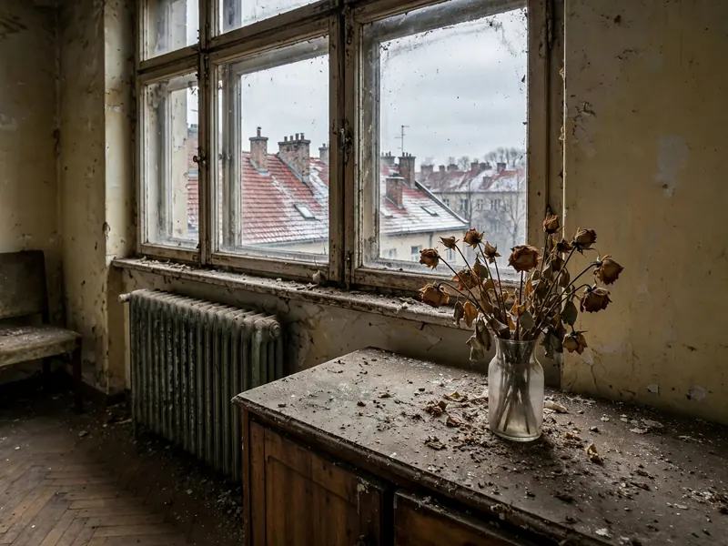 Opuszczone mieszkanie w kamienicy z widokiem na dachy
