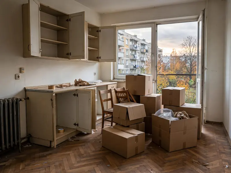 Mieszkanie w bloku z otwartymi szafkami i kartonami przed opróżnieniem