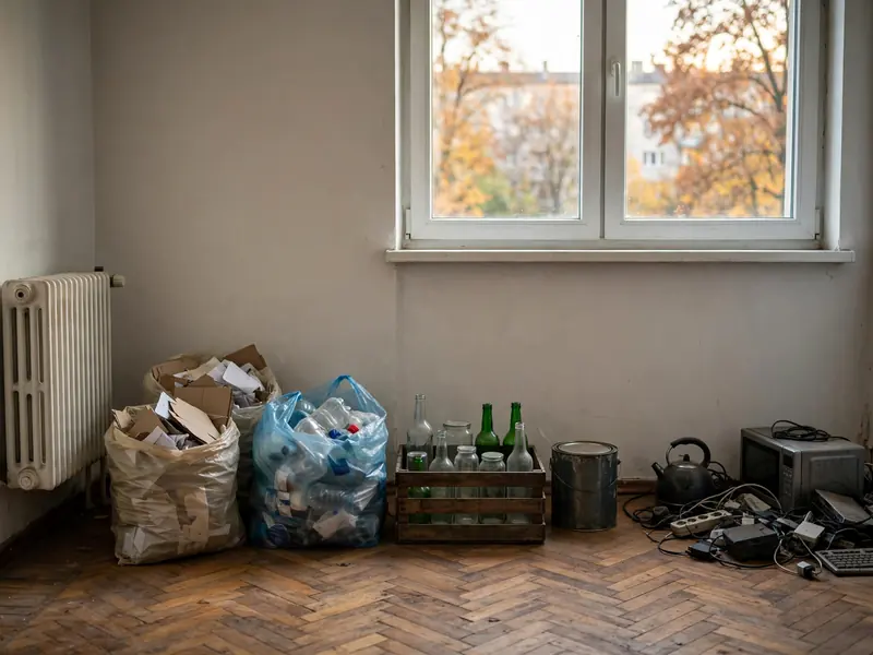 Posegregowane odpady pod ścianą: papier, plastik, szkło, farby i elektronika