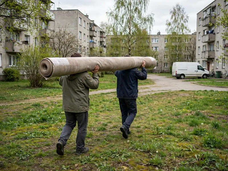 Pracownicy niosą zrolowaną wykładzinę przez osiedle