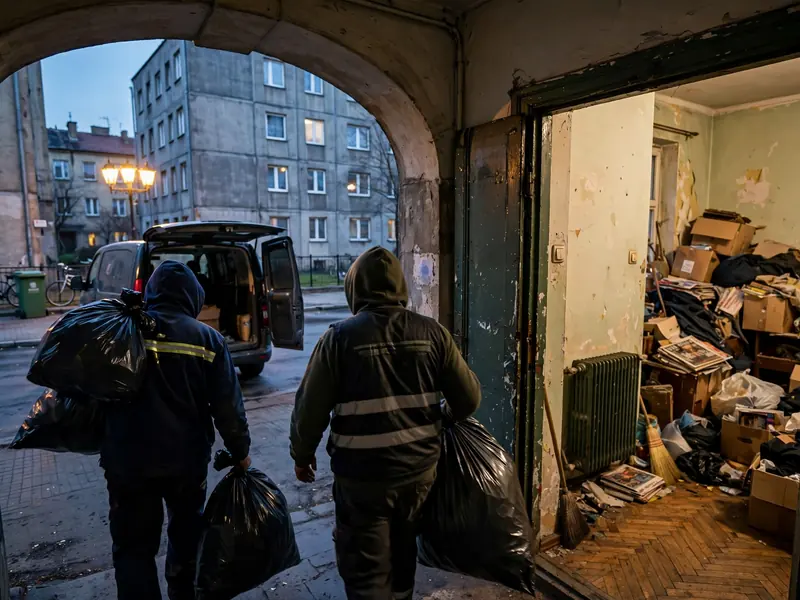Wynoszenie nagromadzonych worków ze śmieciami z kamienicy