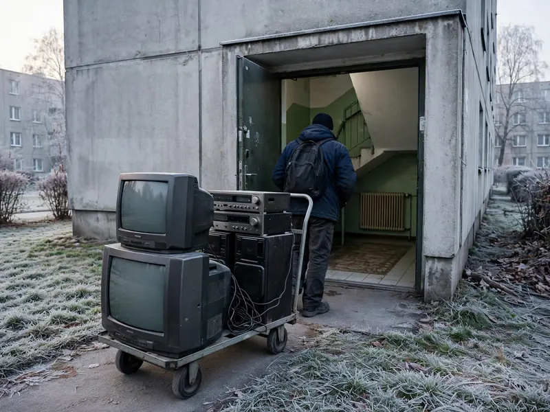 Stare telewizory kineskopowe na wózku przed blokiem