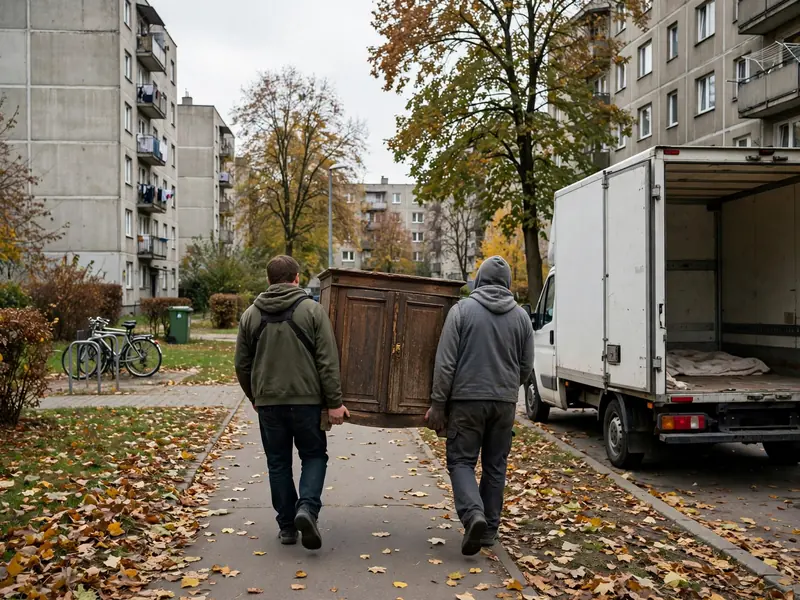 Pracownicy niosą starą szafę przez osiedle w Toruniu