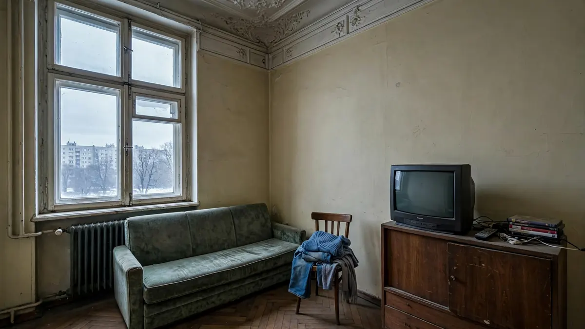 Pokój w kamienicy ze starą kanapą, ubraniami na krześle i telewizorem kineskopowym