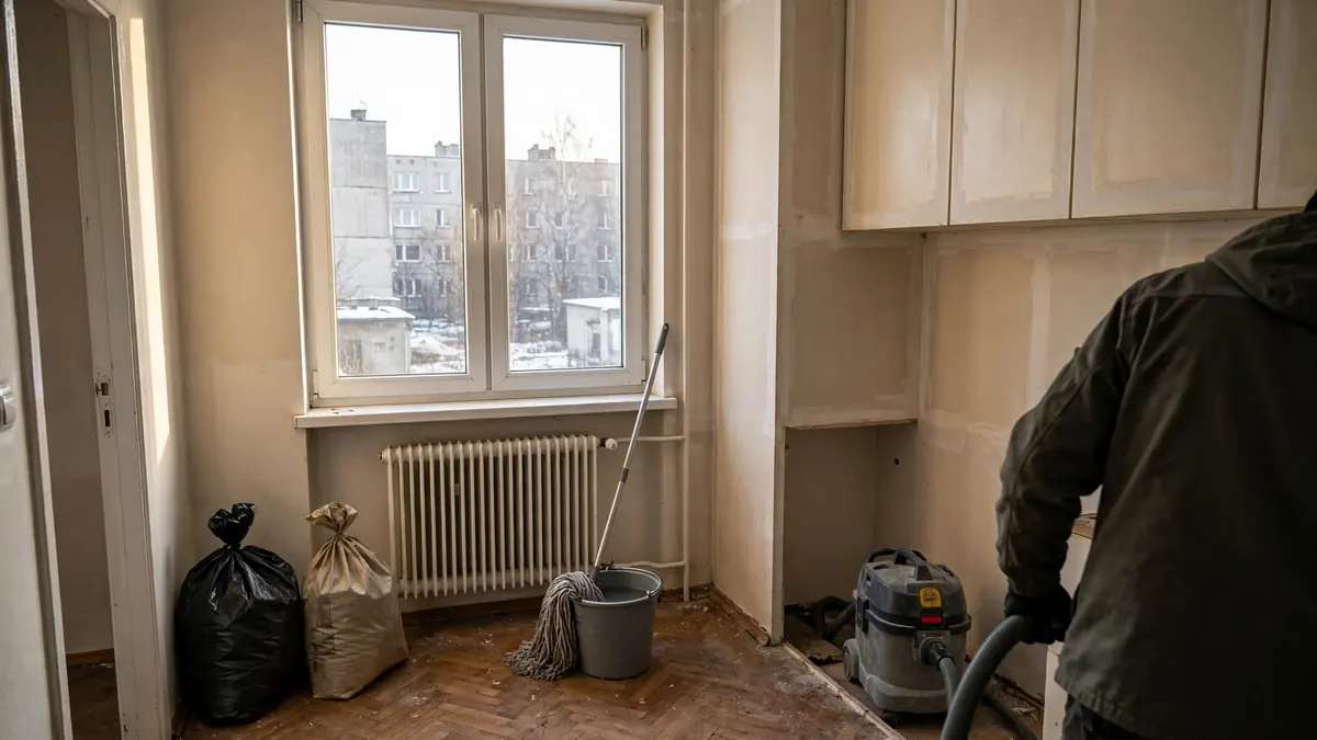 Pracownik odkurza kuchnię po wyniesieniu szafek i lodówki