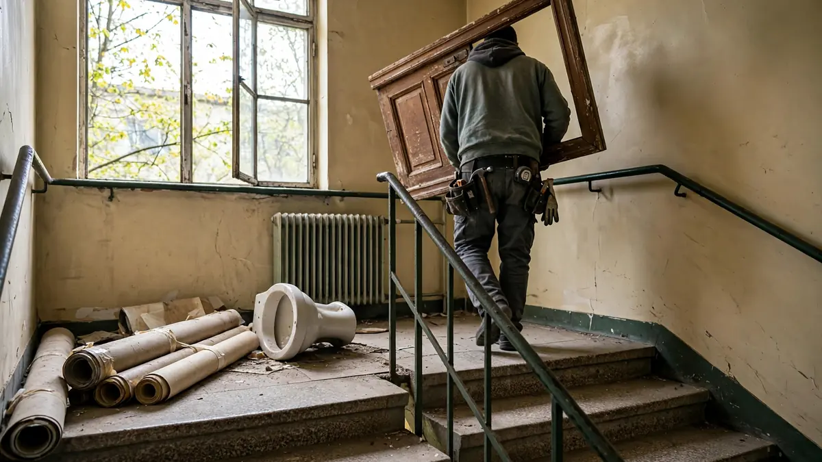 Pracownik znosi stare drzwi po klatce bloku, na półpiętrze odpady po remoncie