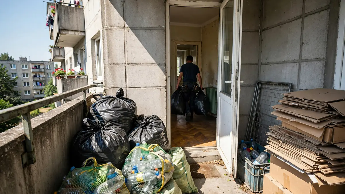 Pracownik wynosi worki ze śmieciami z zagraconego balkonu w bloku