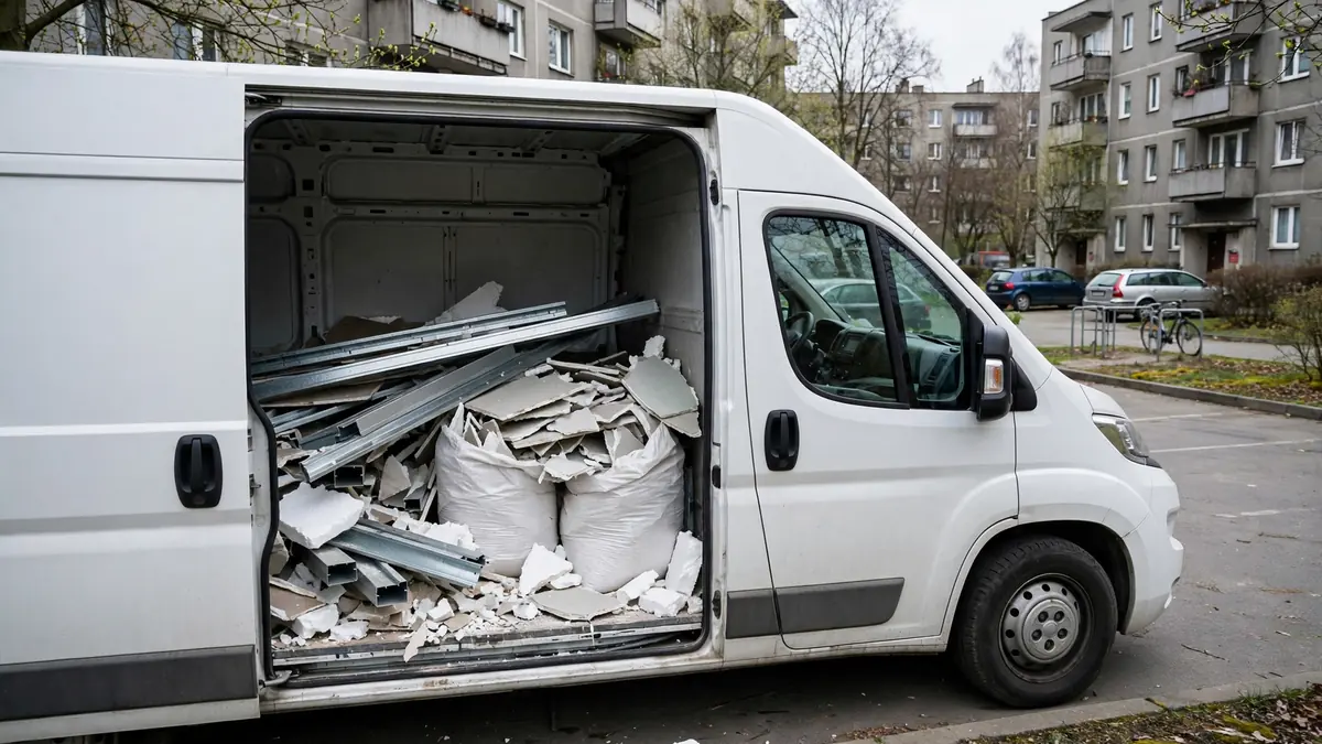 Worki z płytami gipsowymi i profilami na pace auta dostawczego przed blokiem