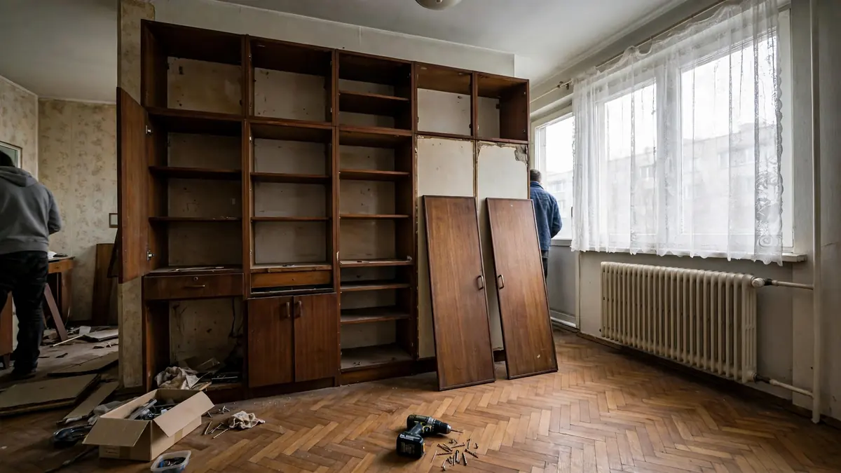 Częściowo zdemontowana meblościanka w salonie, drzwiczki oparte o ścianę